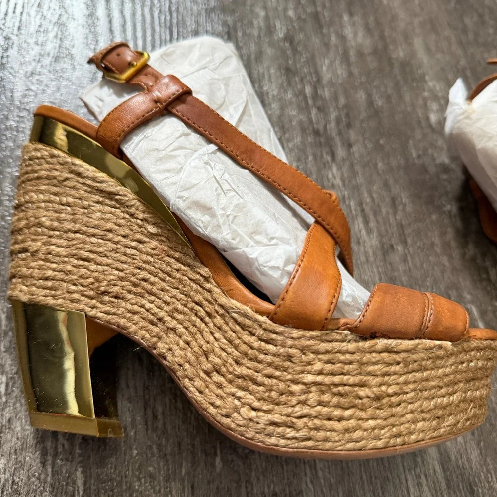 Miu Miu Brown Leather Espadrille Wedge Sandals Gold Accent Heel 34.5 EU / 4.5 US
